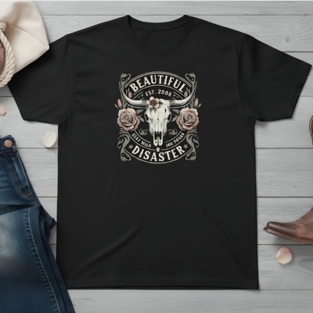 Beautiful Disaster Graphic Tee • Western Longhorn Skull Shirt • Stay Wild